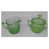 Green depression glass cream and sugar