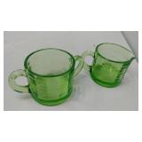 Green depression glass cream and sugar