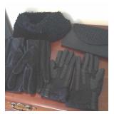 Ladies black hat, 2 pair of ladies black gloves,