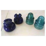 2 blue enamel insulators and 2 blue glass