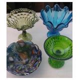 3 glass compote and a glass art bowl