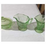 Green depression glass, creamers, server, cups,