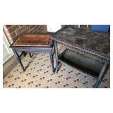 Antique wooden bench seat and a wicker plant