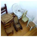 6 Doll chairs. Wicker, rattan, string seats.