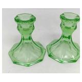 2 Green depression glass candle holders