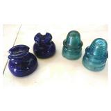 2 Blue enamel insulators and 2 blue glass