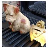 Chalk dog and vintage piggy bank.