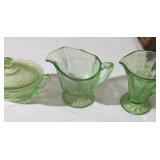 Green depression glass, creamers, server, cups,