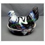 Moser Slag Glass Hen on Nest in blue and white