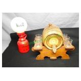 UHL barrel, wooden stand and six shot glasses