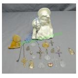 Religious: Rosaries, Pin Backs, Candle Burner