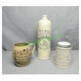 "3" Vint Stoneware:  Wine Bottle, Beer Mug