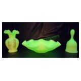 Fenton Uranium  Custard vase, bell, & fruit bowl
