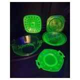 Pink, green, & clear depression glass