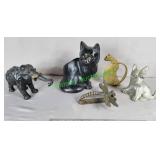 Cast aluminum elephant & dog, ceramic cat planter