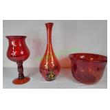 MCM 3 Ruby Red Blown Glass Vases