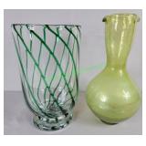 Large green striped vase, double spout pitcher