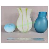 Satin vase, green striped vase, Fenton vase