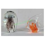 Art glass fish & Uranium jellyfish paperweights