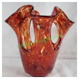 Pulled art glass vase red & gold 7 1/2" tall