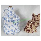 Bybee Pottery Burgundy Cat & Blue &White 1 gal Jug