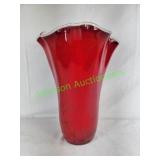 Art Glass Vase Red with White Ruffle