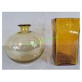 Amber Sq Art Glass Vase / Yellow Bubble Jar Blenko
