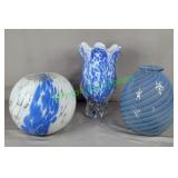 Blue confetti vases and optic swirl vase