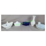 Misc. glass pieces, white and blue pieces