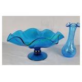 Blue art glass compote & vase