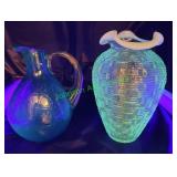 Crackle glass pitcher & Fenton Ruffle edge vase