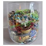 19 lbs LG footed Glass Vase Full of Vint Jewelry