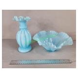 Vintage Fenton light blue vase and bride