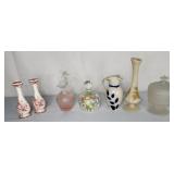 Vintage glass items include Fenton signed bud vase