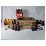 Schoenling wood crate with misc. beer bottles