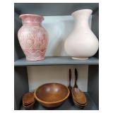 2 Vases & Wood Salad Bowl Set