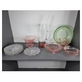 Depression Glass: Pink, Green, Saucers, Pitcher