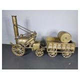Brass Steam Engine & Cart w/ Barrel Overall 15" L