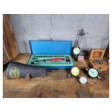 Starrett Stand , Asst Gauges, Reamer Bits Wood box