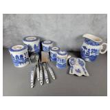 Blue Willow canister, water pitcher, utensils