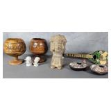 Aztec vase, monkey wood, music box, oil lamps