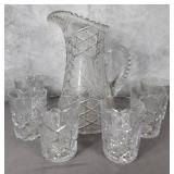 Cut glass pitcher & 6 glasses