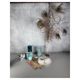 Christmas deco/gold flake candles peacock feathers