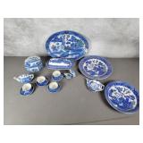 Blue Willow platter, trinket, butter dish, tea set