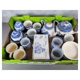 Blue Willow tea pots, cups, glasses, ginger jars