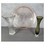 Pink Depression cake plate, Mikasa vase, bud vase