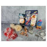 Vintage toys, spinning top, furry worm, bendy toys