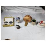 Cloisonne bowls, carousel egg, myrtle bookends