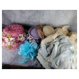 Four vintage hats and nightgown and robe