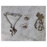 Vintage cowboy tie clip, pig earrings, cowboy pin